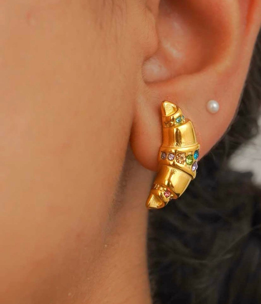 Multi Color Zirconia Croissant Earrings -18k gold thick plated