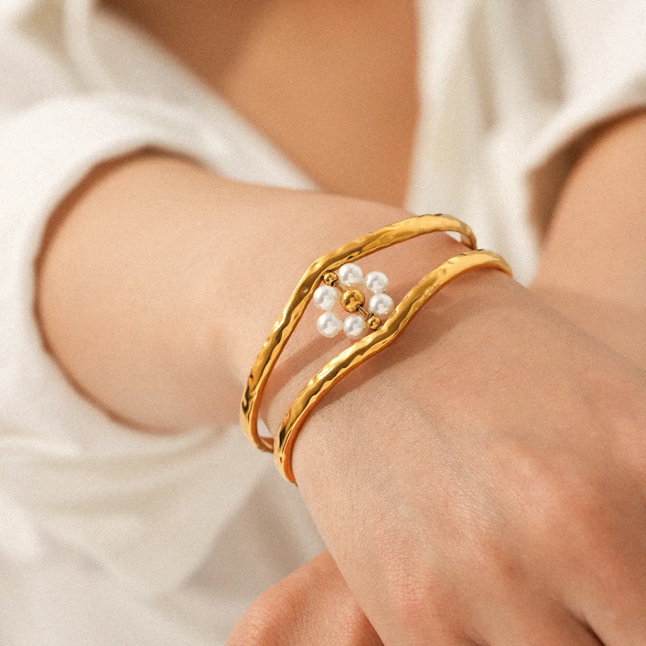 Hammered Gold Cuff with Pearl Cluster Charm