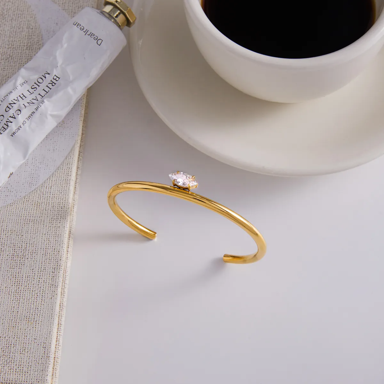 Gold Open Bangle Bracelet – CZ stone