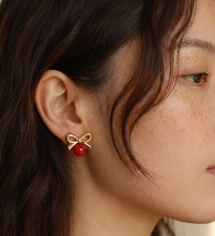 Golden bow red Stud Earrings– 18K Gold -PVD plated