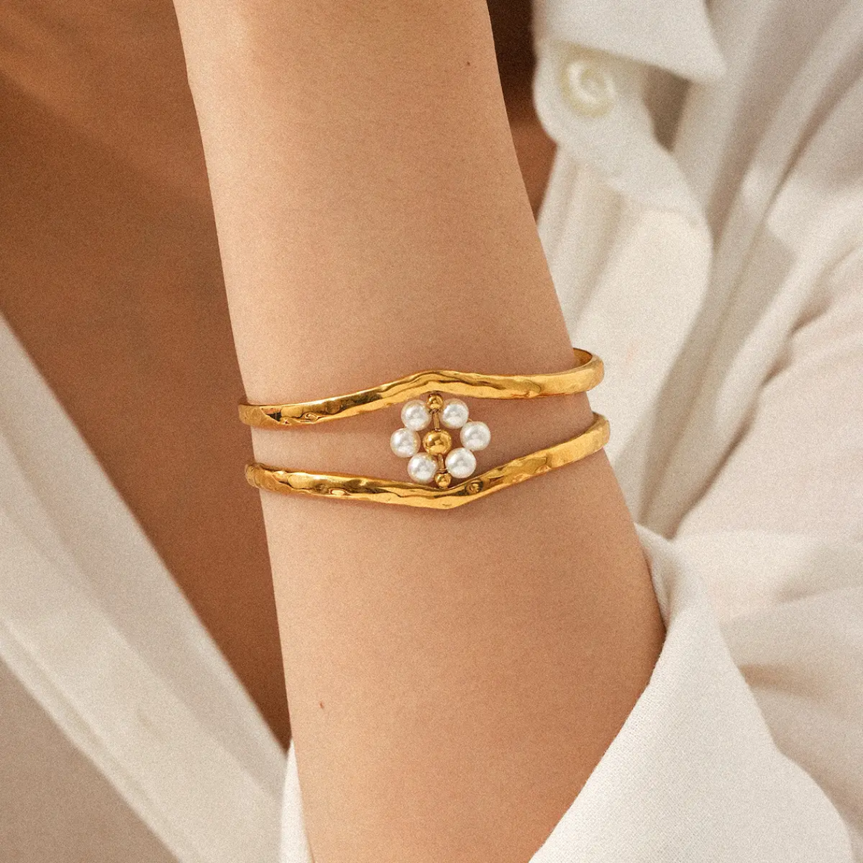 Hammered Gold Cuff with Pearl Cluster Charm