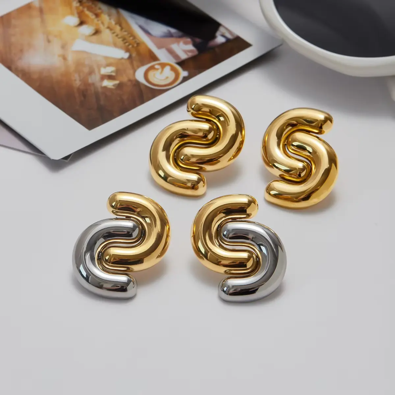 Dual Tone Sculptural Wave Earrings