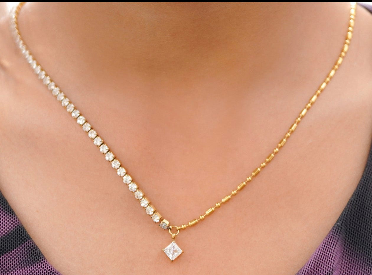 Luna Diamond Row Necklace– 18K Gold Thick Plated - White