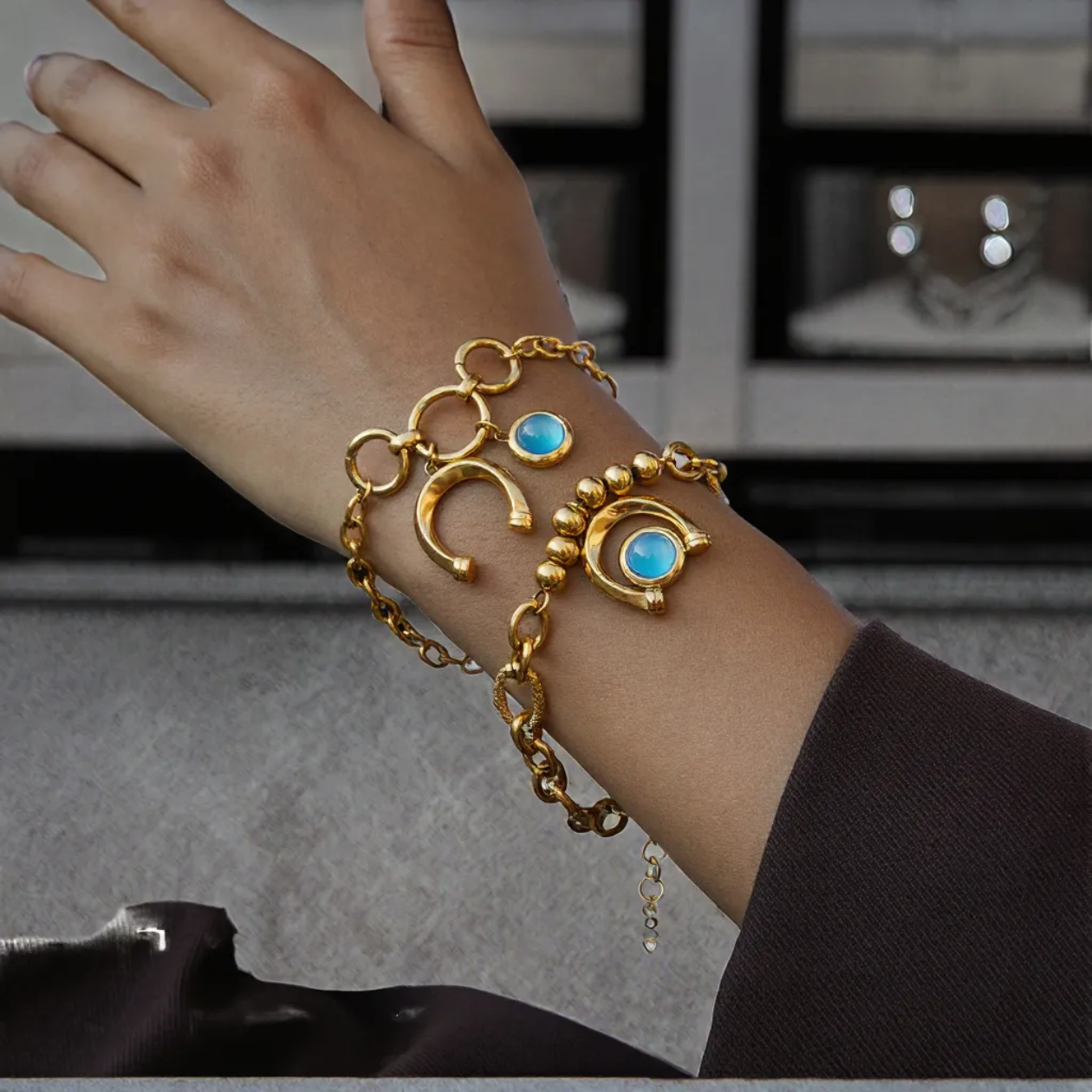 Blue Orbit Crescent Bracelet - 18k PVD gold plated