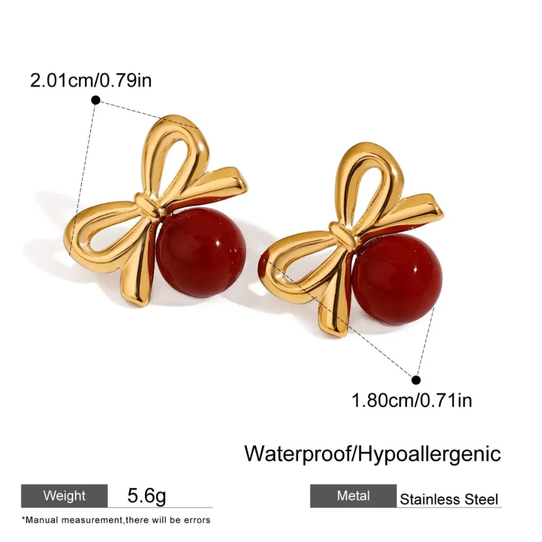 Golden bow red Stud Earrings– 18K Gold -PVD plated