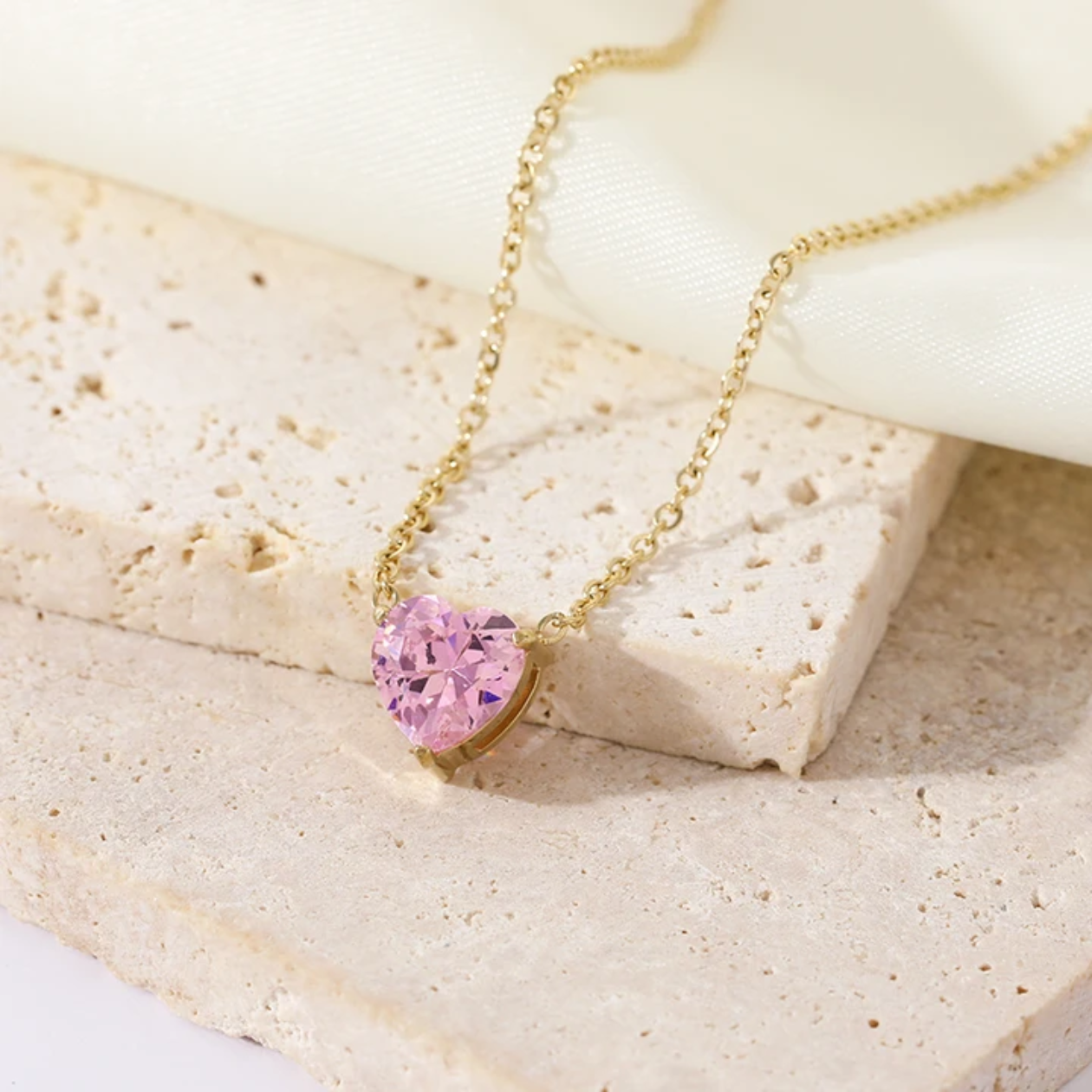 Dainty Pink Heart Pendant Necklace – 18K Gold Plated