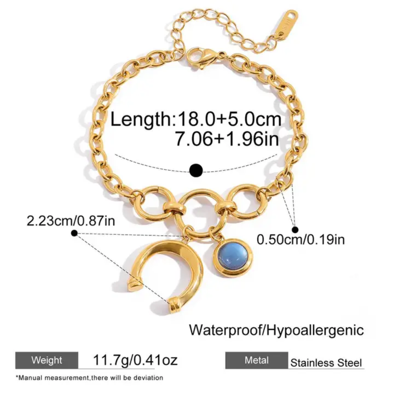 Blue Orbit Crescent Bracelet - 18k PVD gold plated