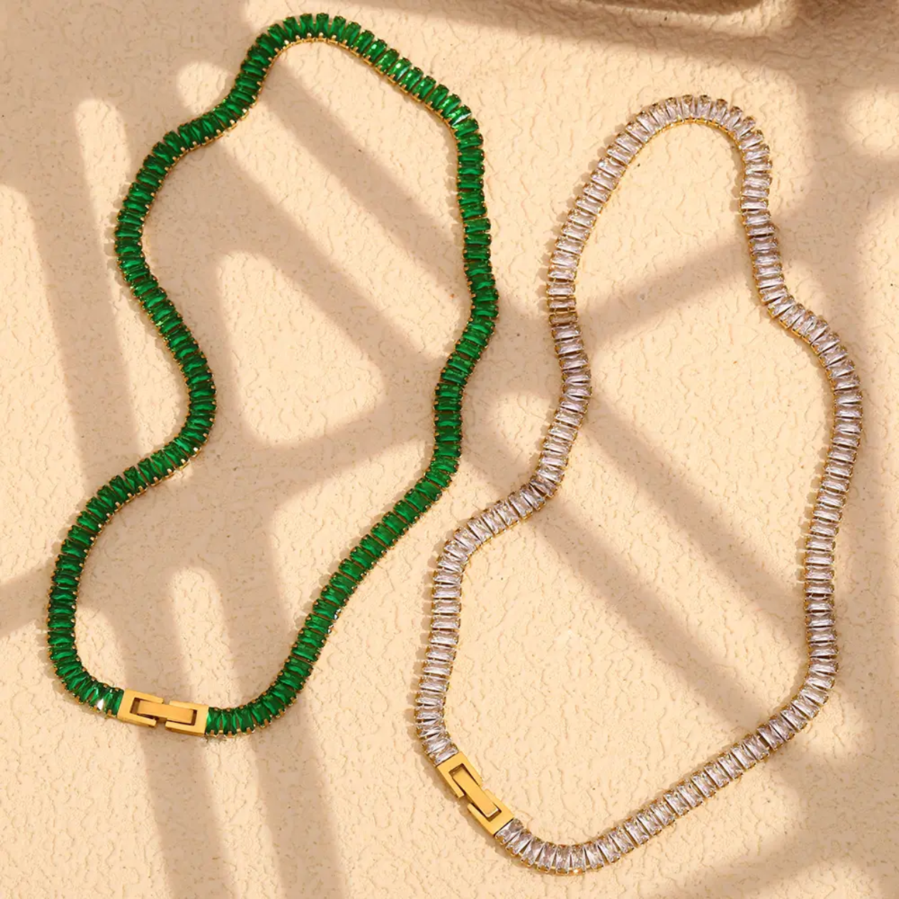 Millie -Emerald Baguette Tennis Necklace – 18K Gold Thick Plated - Green