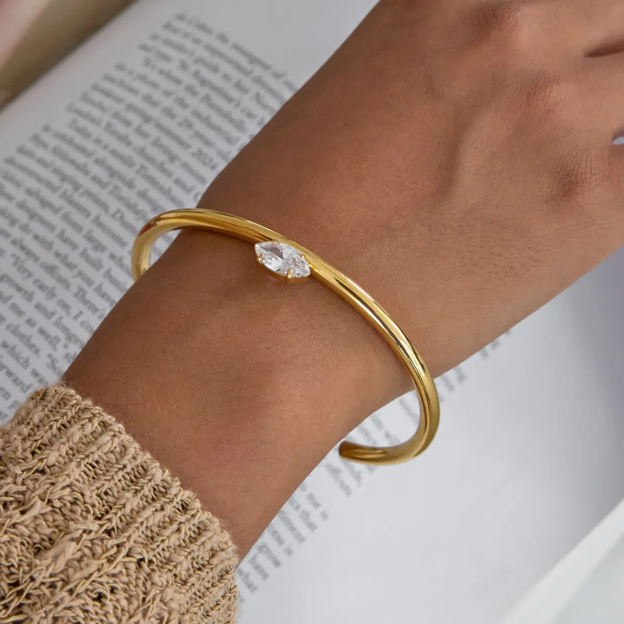 Gold Open Bangle Bracelet – CZ stone