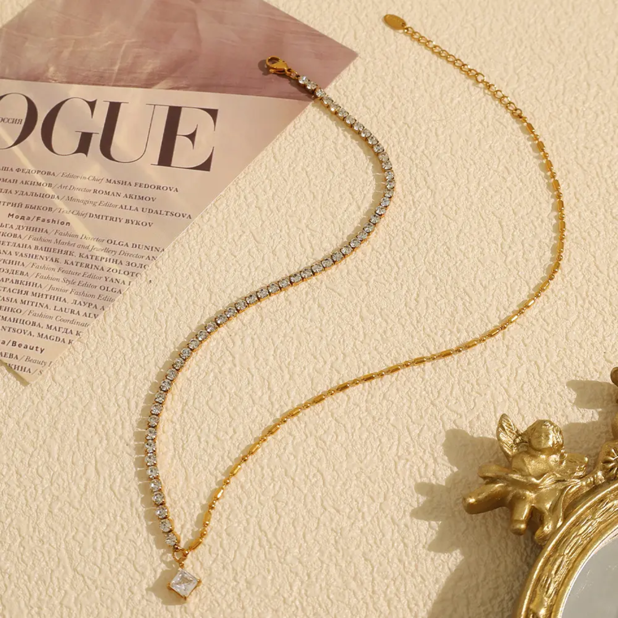 Luna Diamond Row Necklace– 18K Gold Thick Plated - White