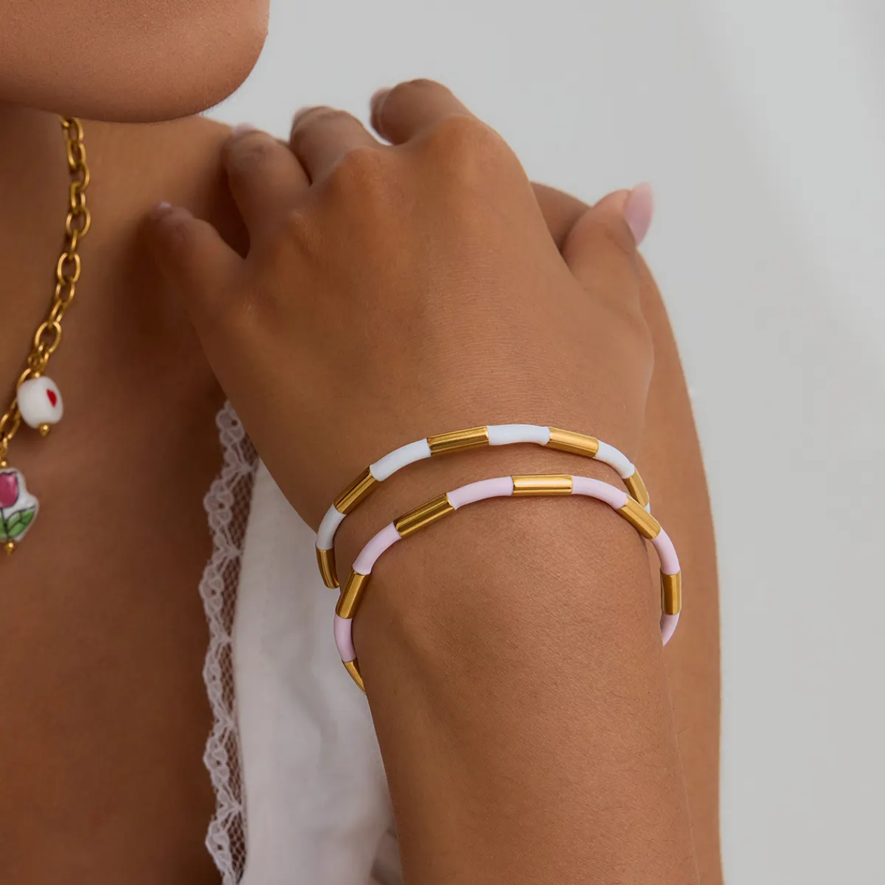 White & Gold Minimal Bamboo Cuff Bangle