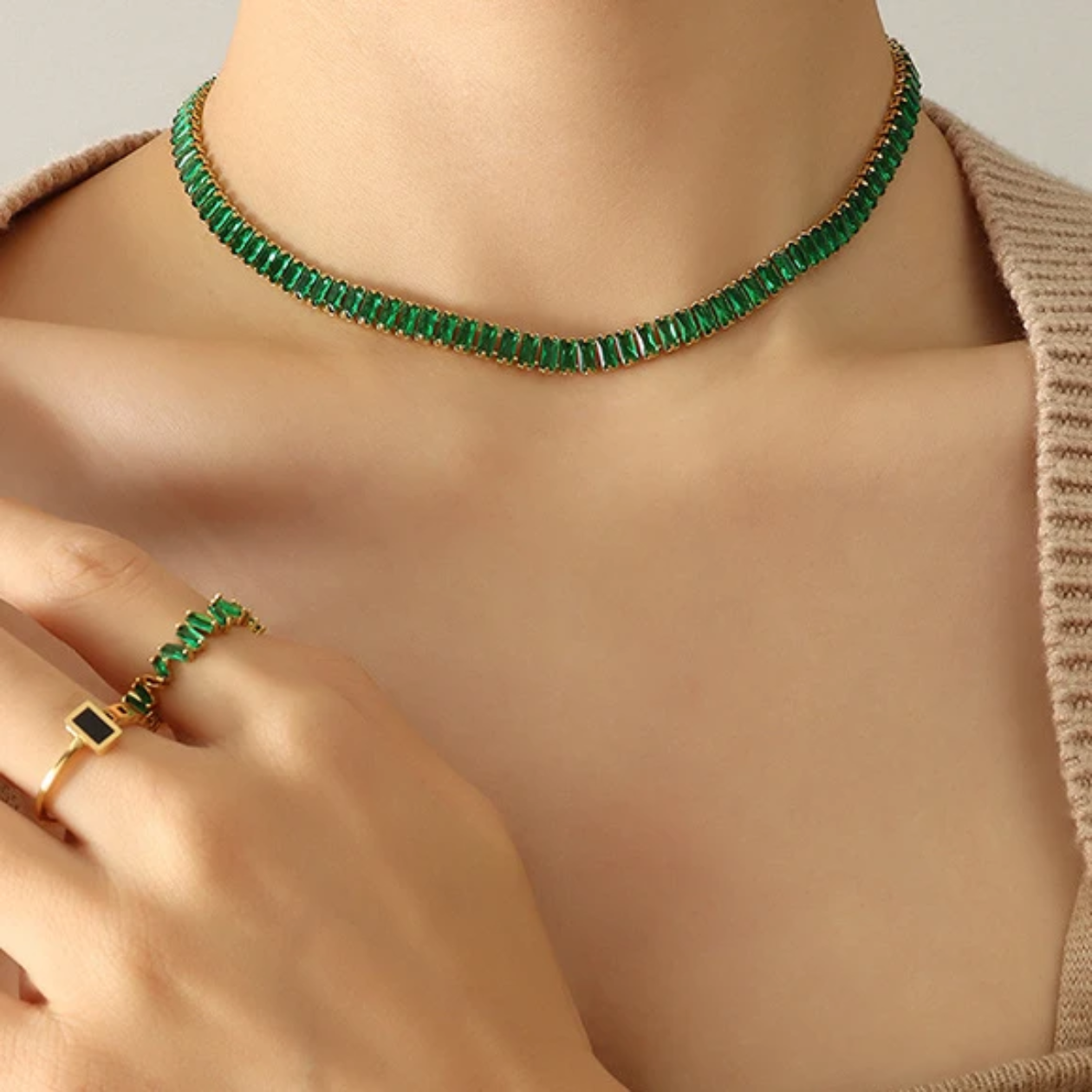 Millie -Emerald Baguette Tennis Necklace – 18K Gold Thick Plated - Green