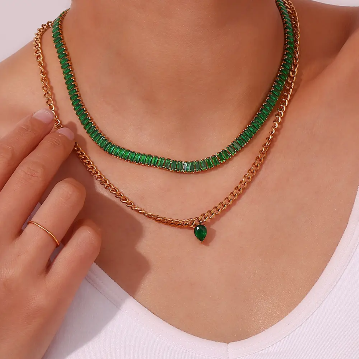 Millie -Emerald Baguette Tennis Necklace – 18K Gold Thick Plated - Green