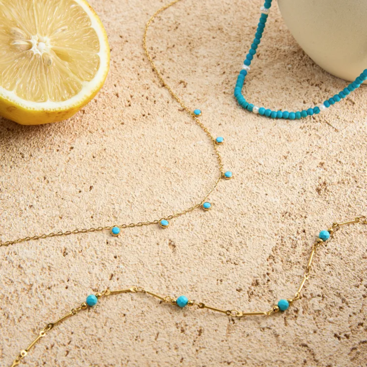 Dainty Gold Necklace with Turquoise Charms -18k gold plated