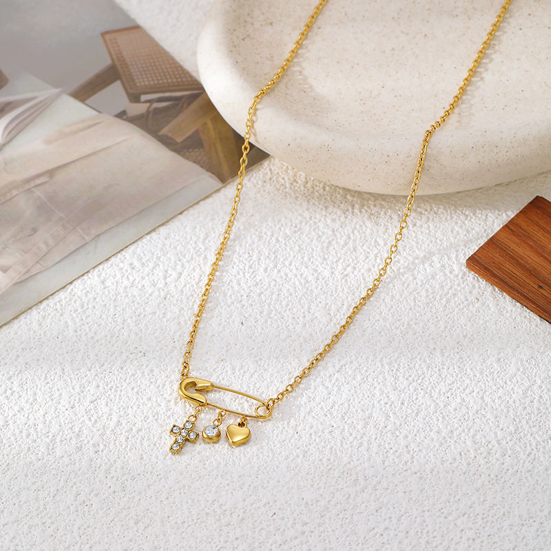 Luna Safety Pin Charm Necklace – 18K Gold Plated Lock, Key & Heart Pendant Chain