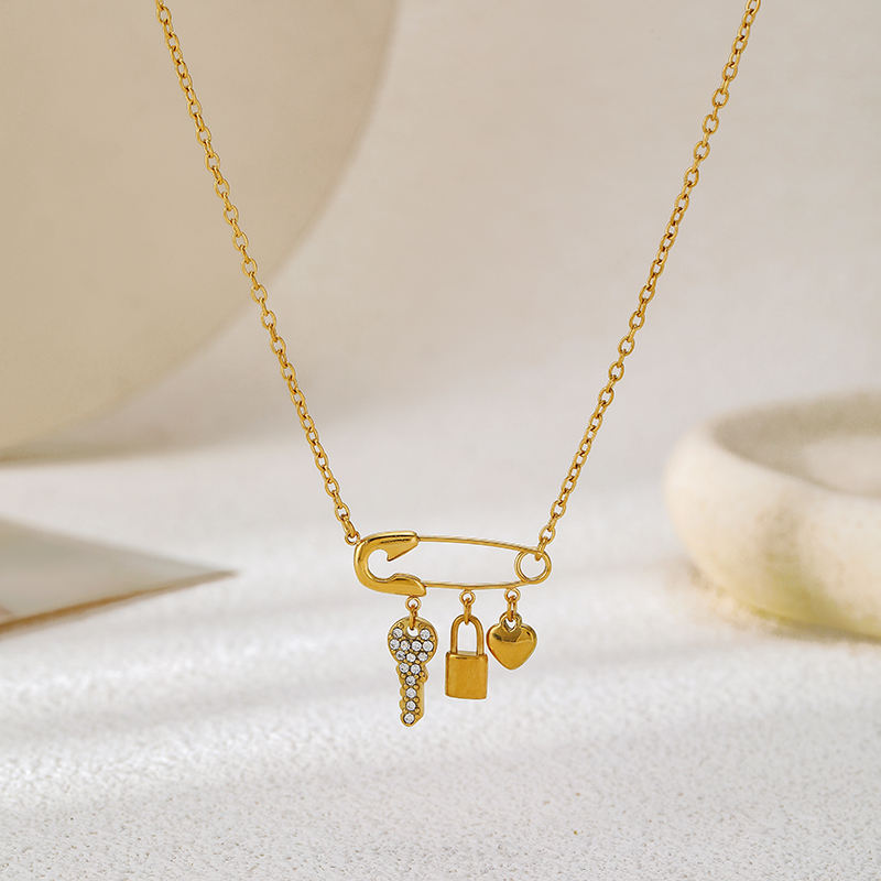 Luna Safety Pin Charm Necklace – 18K Gold Plated Lock, Key & Heart Pendant Chain