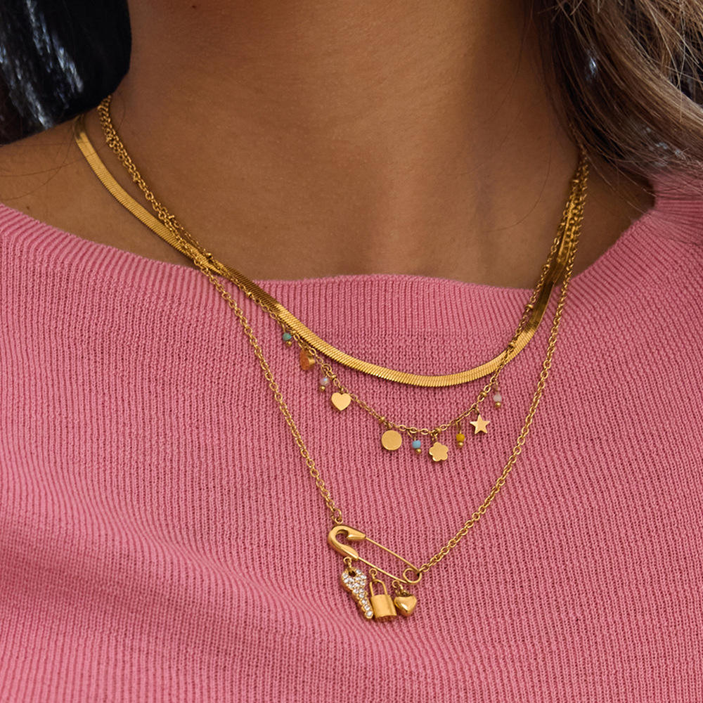 Luna Safety Pin Charm Necklace – 18K Gold Plated Lock, Key & Heart Pendant Chain