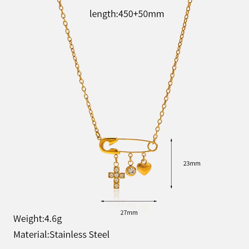 Luna Safety Pin Charm Necklace – 18K Gold Plated Lock, Key & Heart Pendant Chain