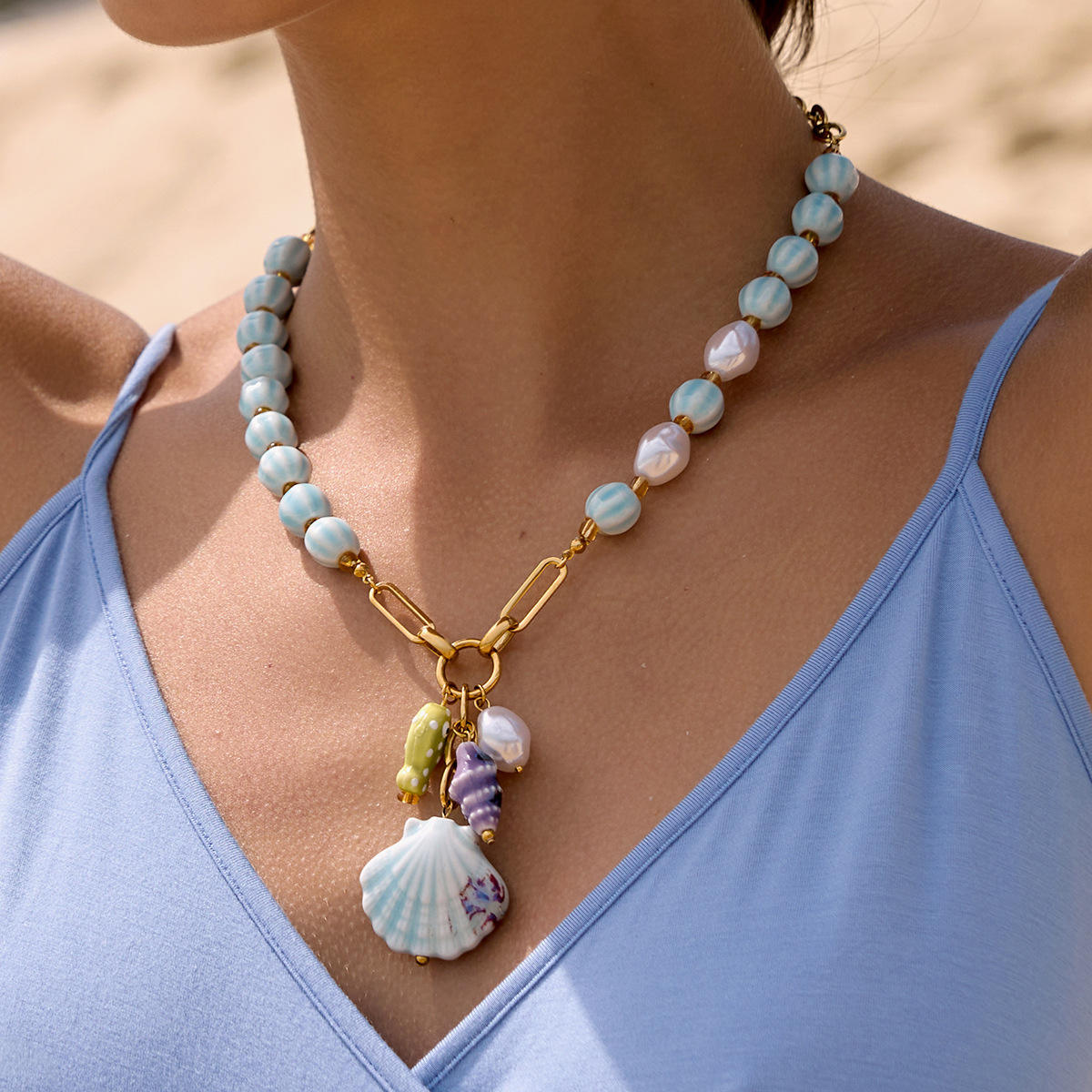 Blue Shell Charm Necklace – Coastal Beach Inspired Gold Jewelry