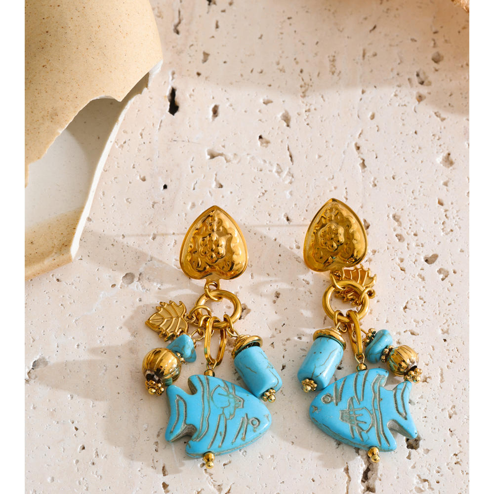 Turquoise Heart & Leaf Statement Earrings
